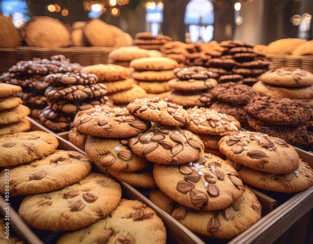 Closeup landscape view of a display of various freshly baked gourmet cookies stacked high, waiting purchase in a trendy cafe.