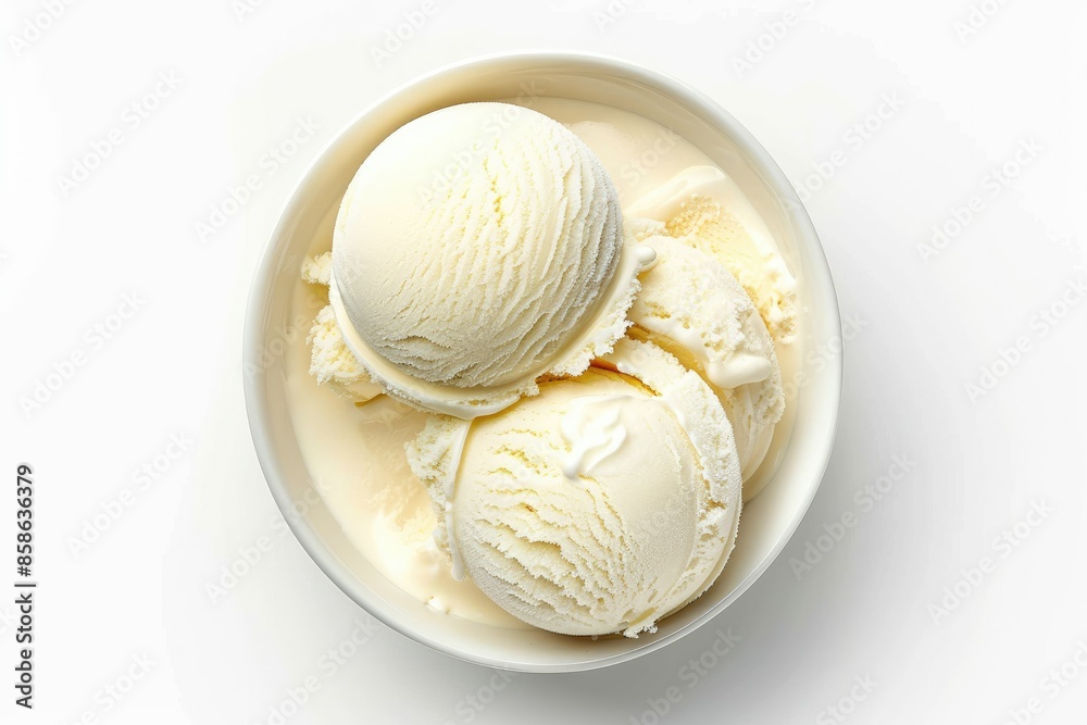 Vanilla ice cream scoop on white background top view Vanilla ice cream scoop on white background top view
