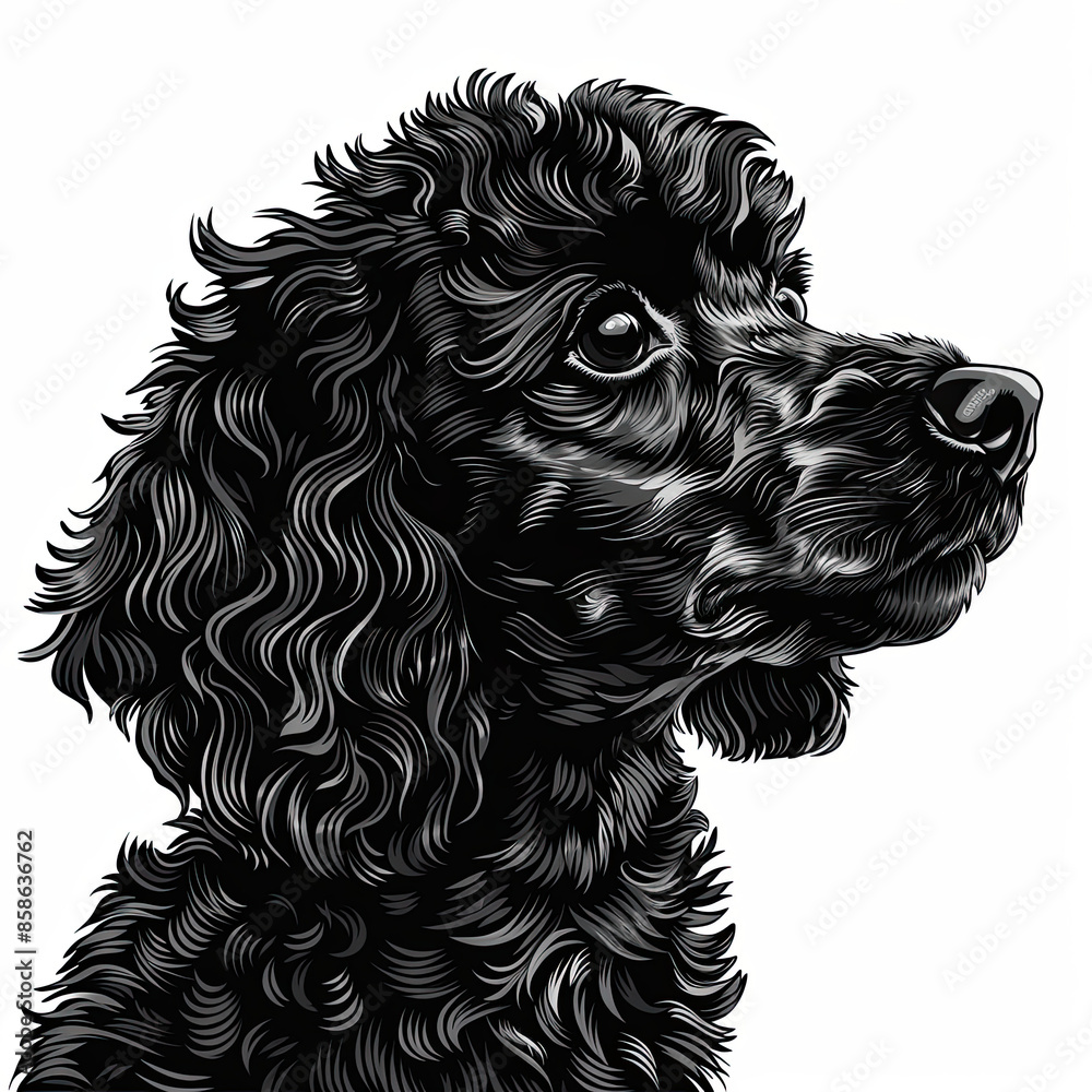 A black and white drawing of a poodle dog A black and white drawing of a poodle dog