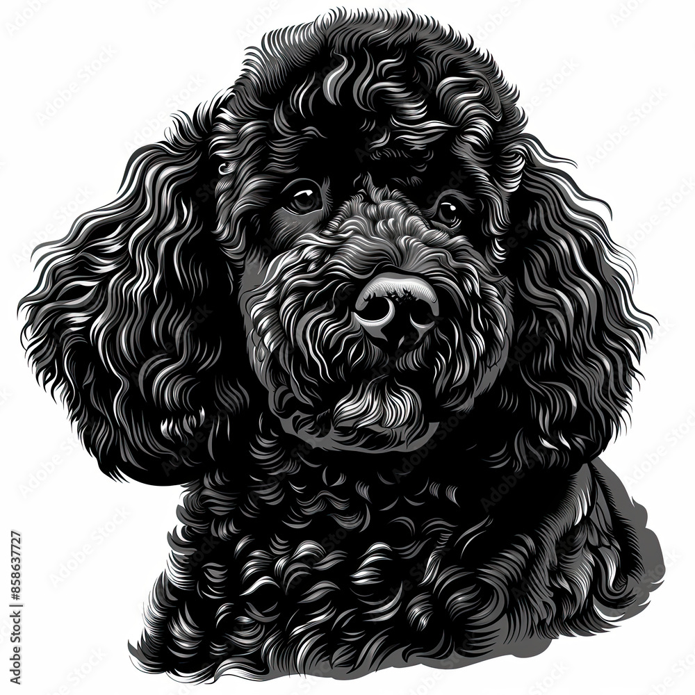 A black and white drawing of a poodle dog A black and white drawing of a poodle dog