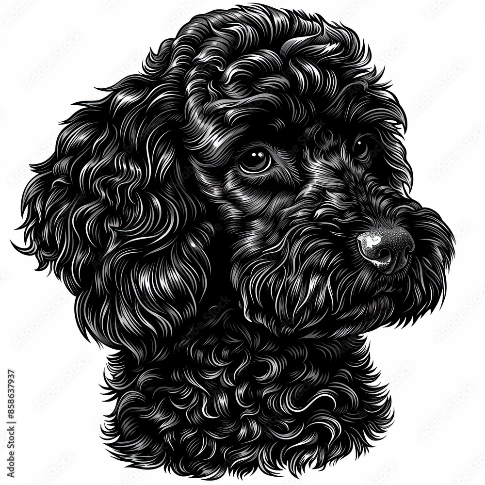 A black and white drawing of a poodle dog A black and white drawing of a poodle dog