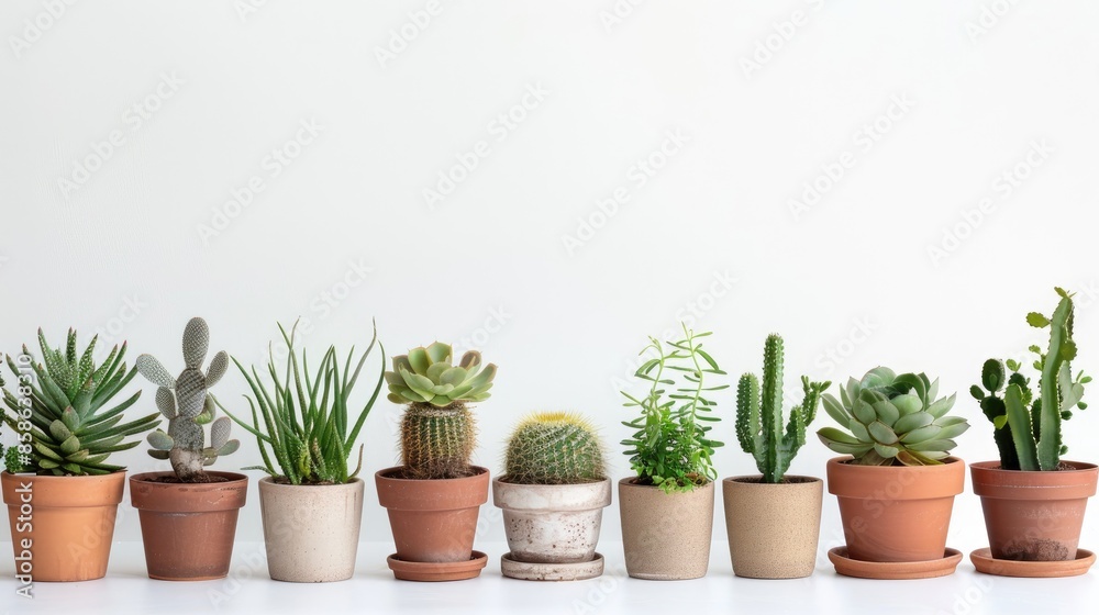 Assortment of potted desert plants on white backdrop with empty space Assortment of potted desert plants on white backdrop with empty space