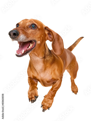 Full body shot of Dachshund dog, running happily, smiling.