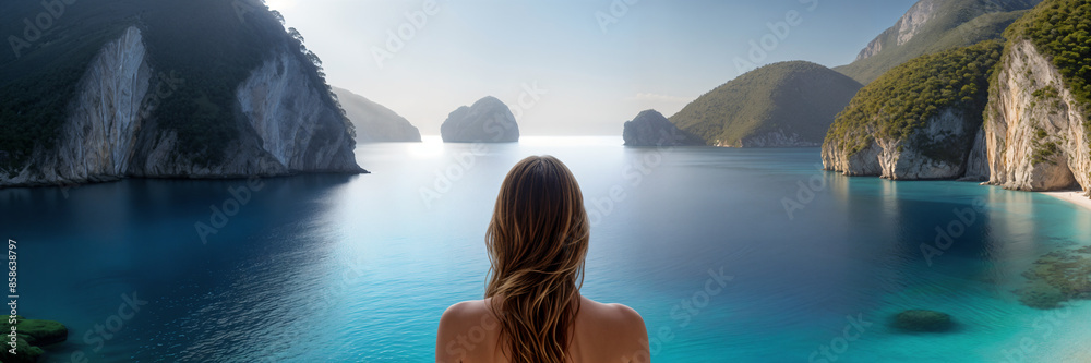 A woman standing on a rocky outcrop with a breathtaking view of the ocean and mountains in the background. A woman standing on a rocky outcrop with a breathtaking view of the ocean and mountains in the background.