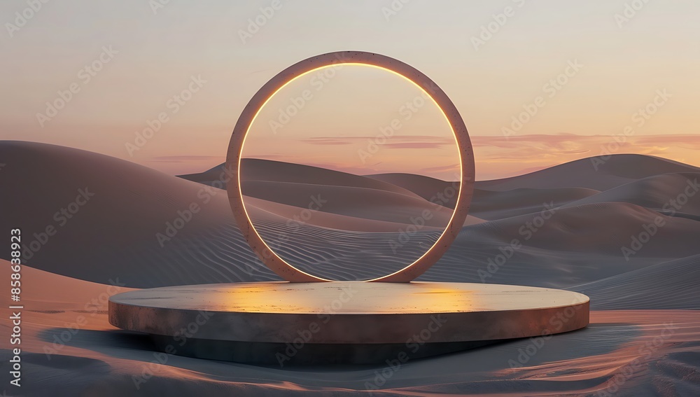 An empty circular podium in the center of an ultra minimalistic desert landscape at dusk, rendered with photorealistic style and a cinematic feel An empty circular podium in the center of an ultra minimalistic desert landscape at dusk, rendered with photorealistic style and a cinematic feel