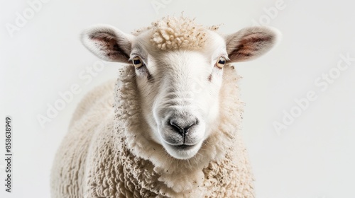 A white sheep chewing while facing the camera on a plain white background