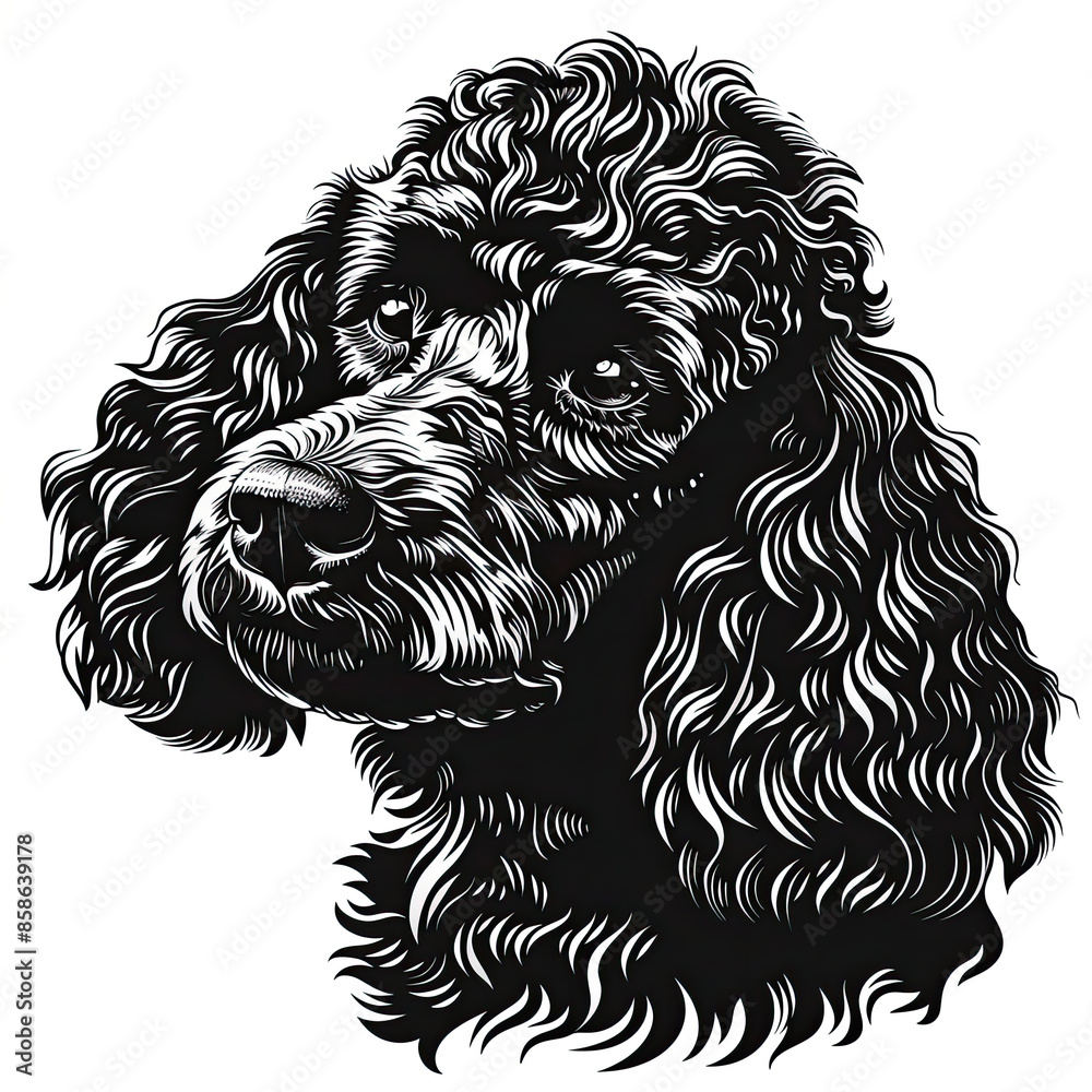 A black and white drawing of a poodle dog A black and white drawing of a poodle dog