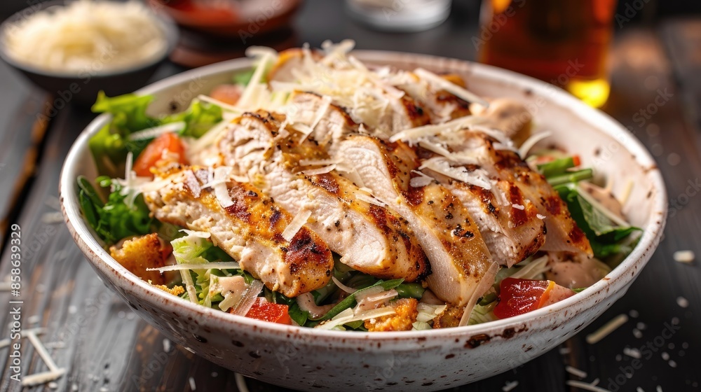 Chicken Caesar Salad with Grilled Chicken Parmesan Cheese in White Bowl Chicken Caesar Salad with Grilled Chicken Parmesan Cheese in White Bowl