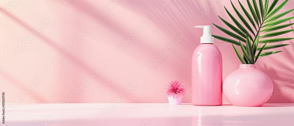 Pink Aesthetic Background with Product Mockup and Palm Leaf. Pink Aesthetic Background with Product Mockup and Palm Leaf.