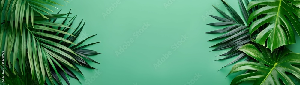 Green Tropical Leaves on Green Background. Green Tropical Leaves on Green Background.