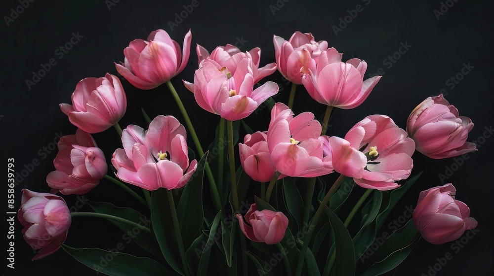 Pink tulips contrasted against a dark backdrop Pink tulips contrasted against a dark backdrop