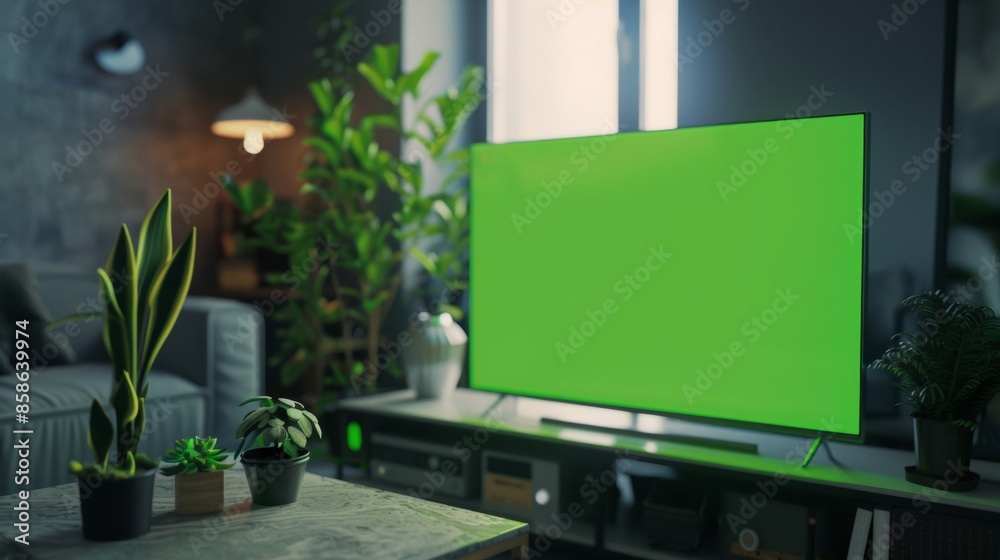 Fototapeta premium Stylish Loft Apartment Interior with TV Set with Green Screen Mock Up Display Standing on Television Stand. Empty Cozy Living Room of Spacious Flat with Chroma Key Placeholder on Monitor.
