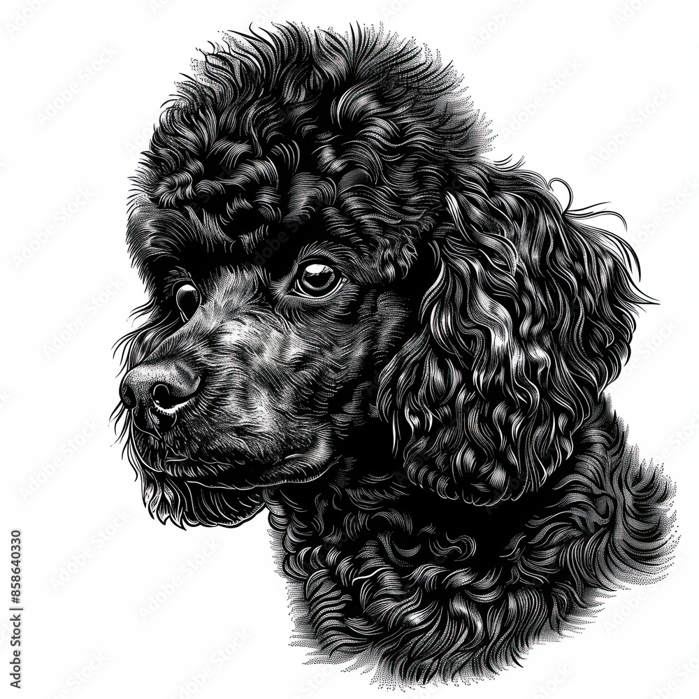 A black and white drawing of a poodle dog A black and white drawing of a poodle dog