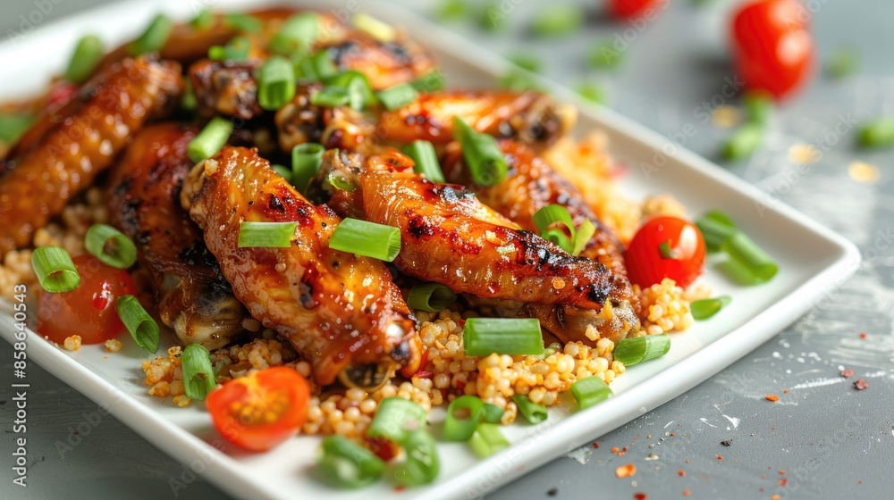 Chicken wings cooked with bulgur garnished with green onions and cherry tomatoes on a white plate Photo taken from a horizontal angle Chicken wings cooked with bulgur garnished with green onions and cherry tomatoes on a white plate Photo taken from a horizontal angle