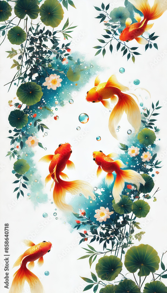 Naklejka premium 浮世絵（Ukiyoe）、日本画／金魚 Goldfish