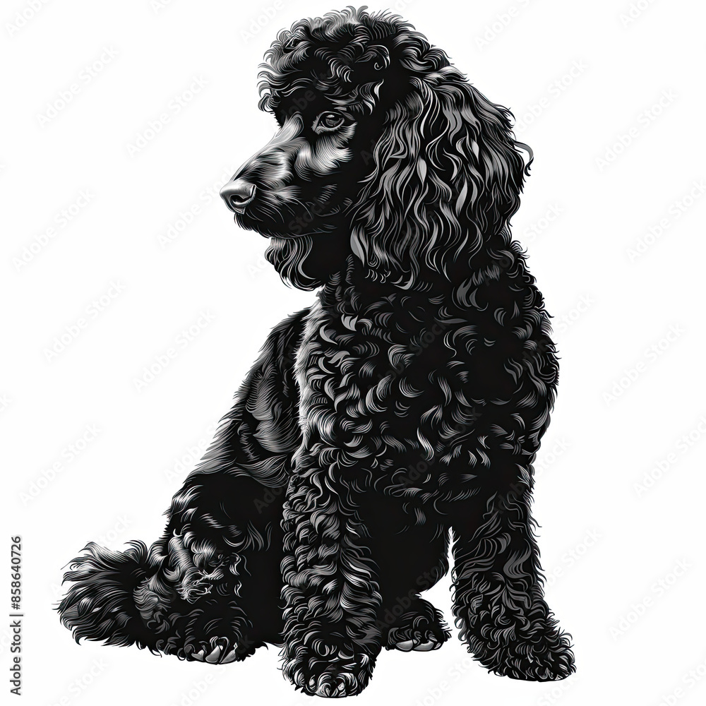 A black and white drawing of a poodle dog A black and white drawing of a poodle dog