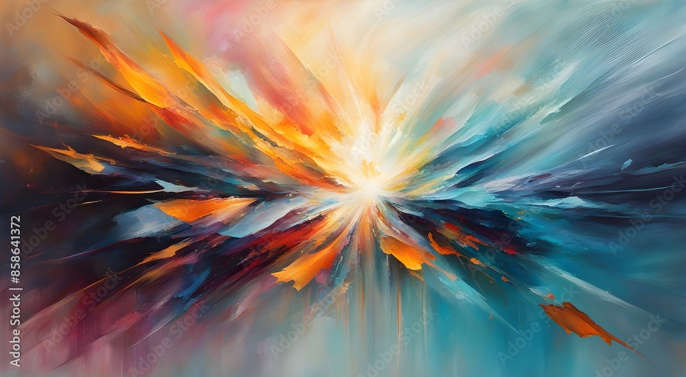 A painting of a colorful explosion with a bright sun in the middle A painting of a colorful explosion with a bright sun in the middle