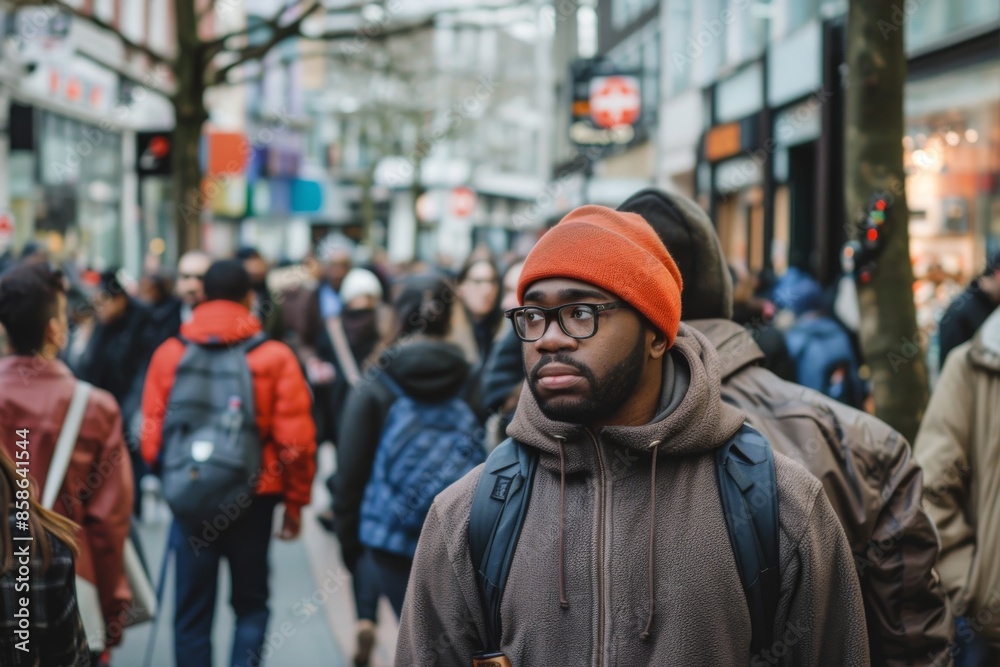 Handsome african american man in eyeglasses walking in the street. Handsome african american man in eyeglasses walking in the street.