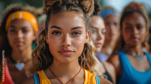 A photo of a diverse group of athletes participating in a sports event, Intersectionality Awareness Month, hd, with copy space