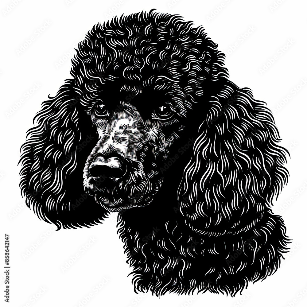 A black and white drawing of a poodle dog A black and white drawing of a poodle dog