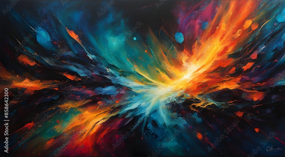 A painting of a colorful explosion in space with a yellow sun in the middle A painting of a colorful explosion in space with a yellow sun in the middle
