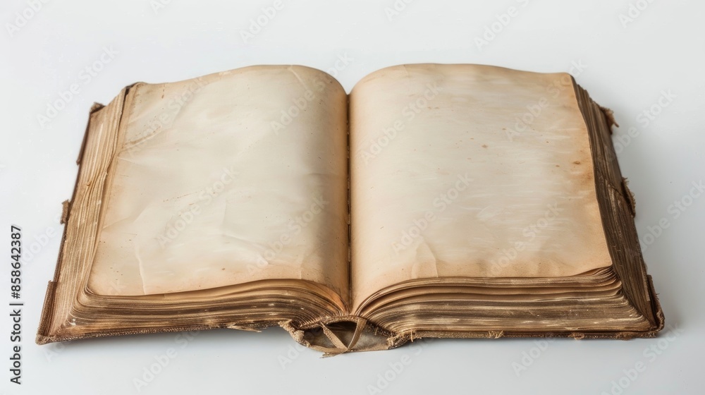 An open book with a blank page on a white surface An open book with a blank page on a white surface