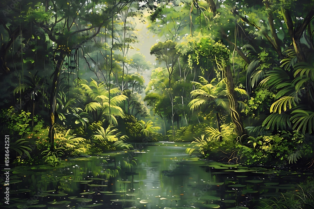 An enchanting painting of an idyllic rainforest scene, with lush green trees and vibrant foliage surrounding the serene river that meanders through it An enchanting painting of an idyllic rainforest scene, with lush green trees and vibrant foliage surrounding the serene river that meanders through it
