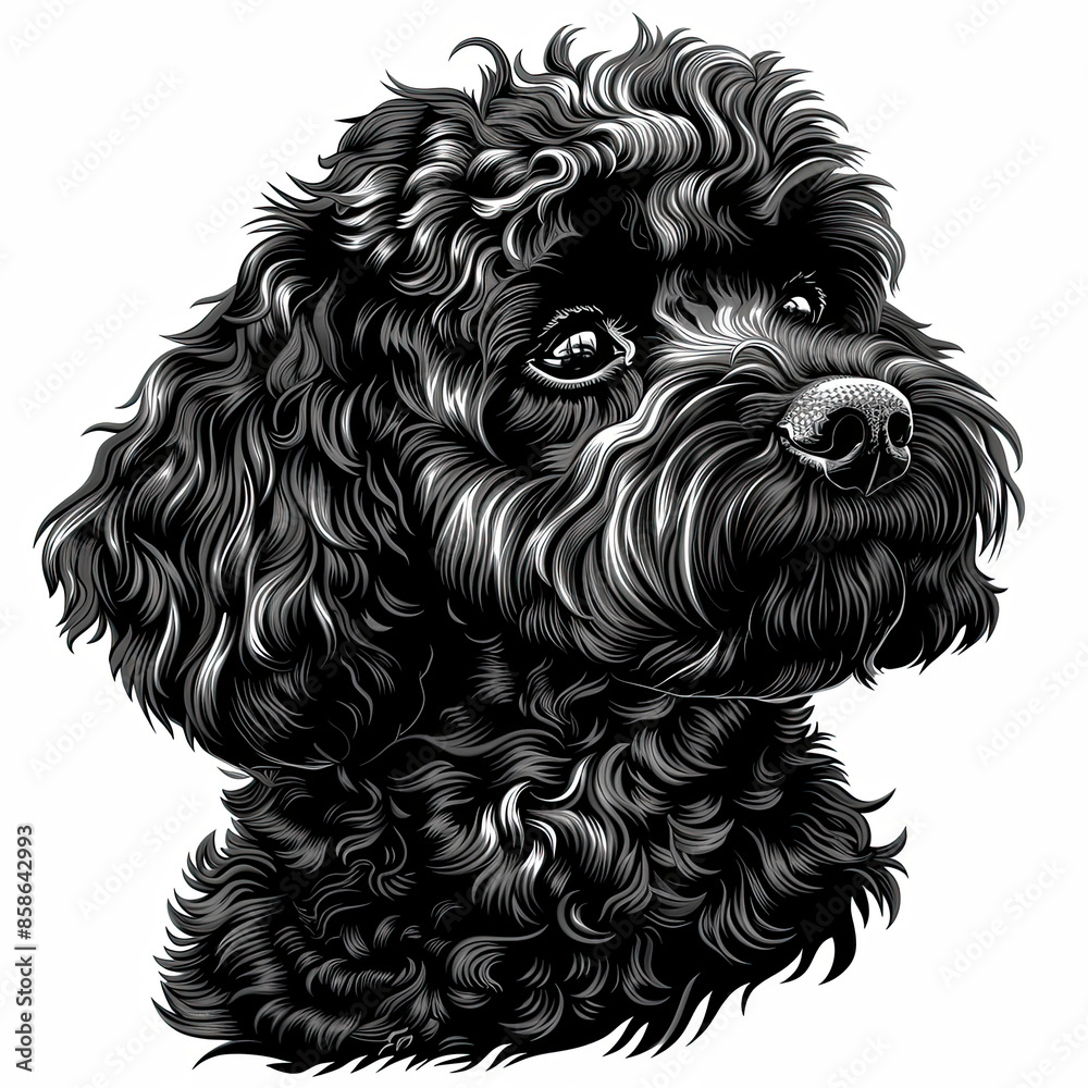 A black and white drawing of a poodle dog A black and white drawing of a poodle dog