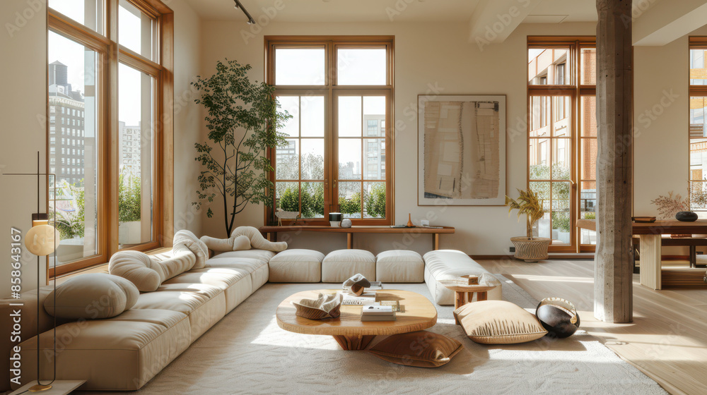 A large living room with a white couch and a coffee table A large living room with a white couch and a coffee table