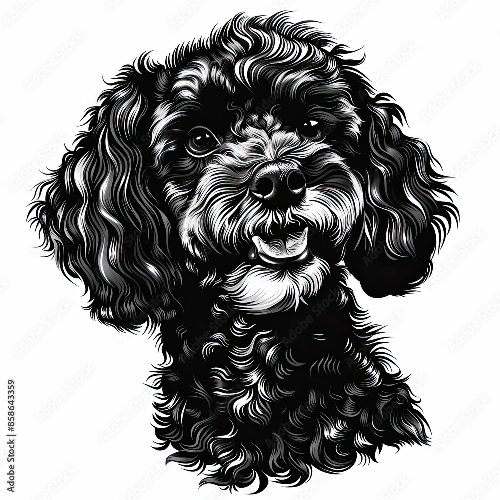 A black and white drawing of a poodle dog A black and white drawing of a poodle dog