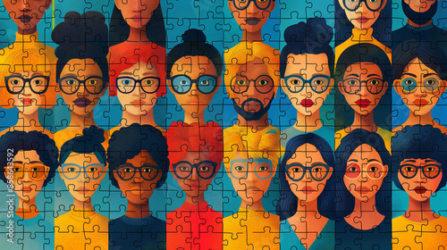 A flat design of a puzzle with pieces representing different aspects of identity, Intersectionality Awareness Month, flat design, with copy space
