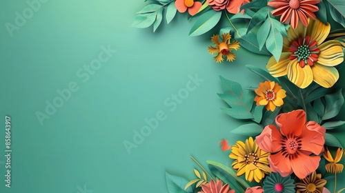 Fototapeta Naklejka Na Ścianę i Meble -  Aqua green backdrop with colorful flowers and space for text