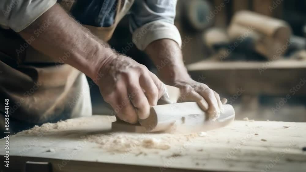 Middle-aged caucasian man in apron sanding wood on a table in a workshop. Sunlight filters through the room creating a focused and serene mood. Wood shavings and sawdust are visible. Middle-aged caucasian man in apron sanding wood on a table in a workshop. Sunlight filters through the room creating a focused and serene mood. Wood shavings and sawdust are visible.