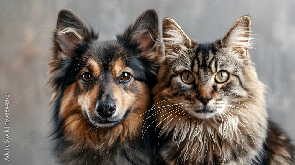 Delightful Portrait of Happy Dog and Cat Looking at Together on Transparent Background Delightful Portrait of Happy Dog and Cat Looking at Together on Transparent Background