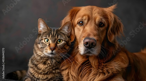 Heartwarming Portrait of Happy Dog and Cat Gazing at Together © panu101