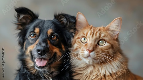 Happy Domestic Pets Friendship Portrait on Transparent Background