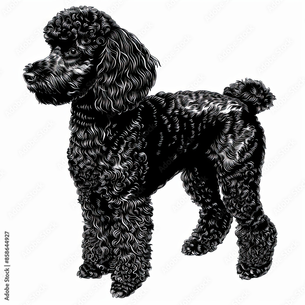 A black and white drawing of a poodle dog A black and white drawing of a poodle dog