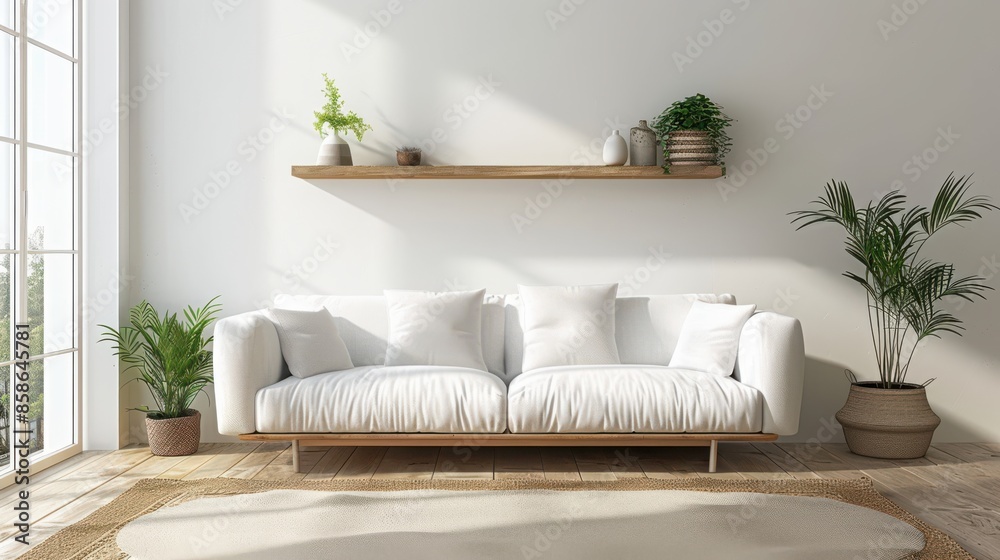 Fototapeta premium A white couch sits in a living room with a window in the background