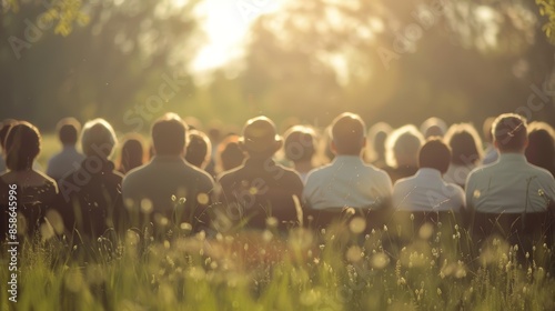 Blurry figures gather in an open field heads bowed in prayer at an outdoor church service.