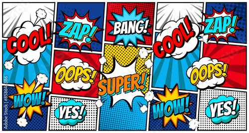 Comic book bubbles. Cartoon explosions funny comical speech clouds, comics words, thinking bubbles and graphic conversation text elements vector illustration set. Comic book emotional bubbles