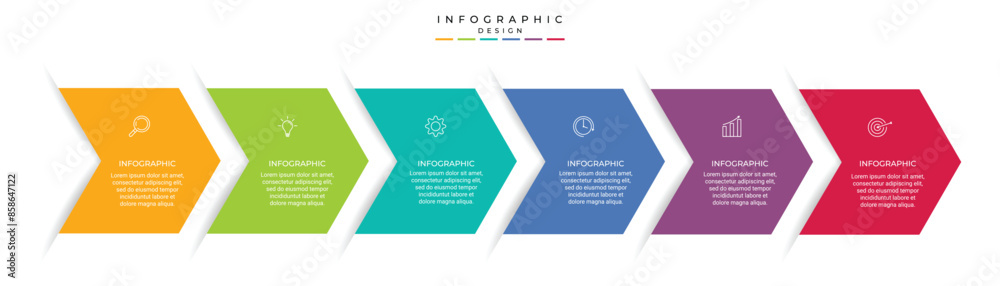 Business growth arrow template. Infographic 6 steps to success. Vector illustration.