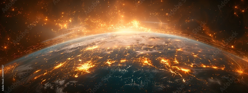 Obraz premium Shimmering Digital Planet Enveloped in Captivating Information Streams