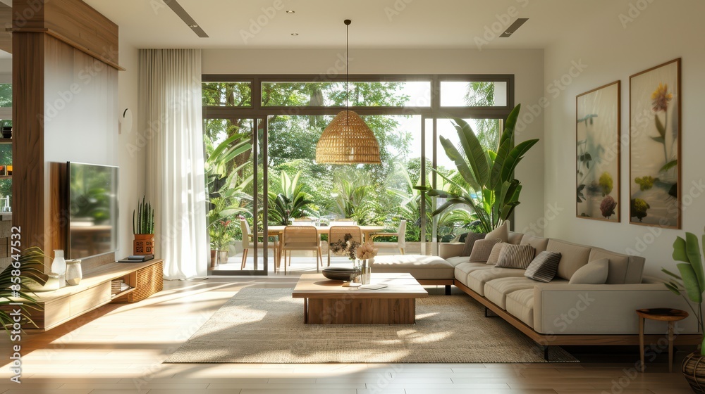 A living room with a large window and a hanging lamp A living room with a large window and a hanging lamp