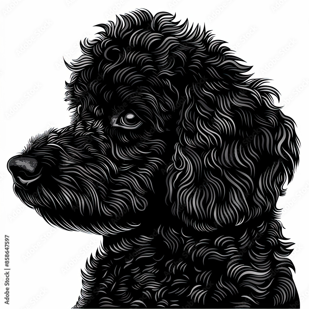 A black and white drawing of a poodle dog A black and white drawing of a poodle dog