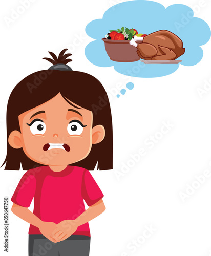 Little Girl Suffering from Stomachache Indigestion Vector Illustration. Unhappy kid feeling sick after overrating  at lunch
