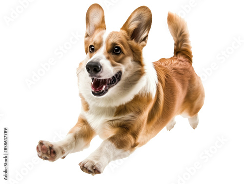 Full body shot of Pembroke Welsh Corgi dog, running happily, smiling.