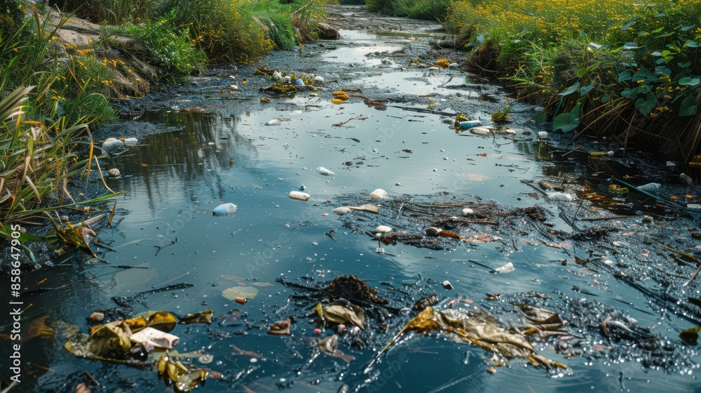 A river is filled with trash and debris, including plastic bottles and leaves