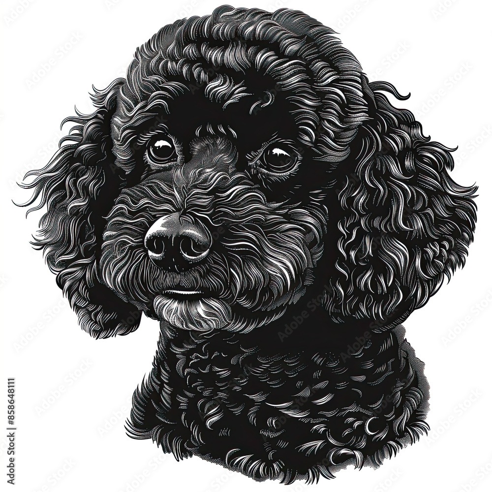 A black and white drawing of a poodle dog A black and white drawing of a poodle dog