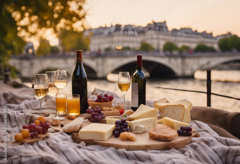 A luxurious picnic is set against the backdrop of the Seine River in Paris, with a cheese plateau and wine provided for guests to enjoy during the golden hour. A luxurious picnic is set against the backdrop of the Seine River in Paris, with a cheese plateau and wine provided for guests to enjoy during the golden hour.