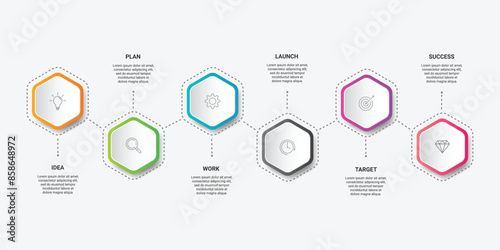 Timeline infographic with infochart. Modern presentation template with 6 spets for business process. Website template on white background for concept modern design. Horizontal layout. photo